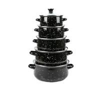 Ensemble de 10 Pièces Marmites et Cocottes avec Couvercles en Verre, Émail Noir,Poignées Confortables,Tailles Polyvalentes (16-24CM)