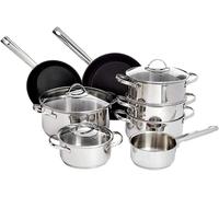 Ensemble de 11 pièces de batterie de cuisine Amazon Basics, en acier inoxydable, compatible avec les plaques à induction, avec couvercles, de couleur argentée