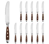 Ensemble de 12 couteaux à steak, en acier inoxydable poli, avec des manches en bois de couleur marron et un tranchant ondulé