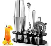 Ensemble de 12 pièces pour cocktails Unyqoos® en acier inoxydable – ensemble complet pour bar, idéal pour la maison et les fêtes (shaker Boston, doseur 30/15 ml, passoire)