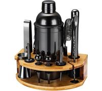 Ensemble de 12 pièces pour cocktails Unyqoos® – Shaker de 750 ml, en acier inoxydable de qualité alimentaire, doseur de 15/30 ml, pilon, passoire, pince à glace, 2 verseurs, support en bambou pour une