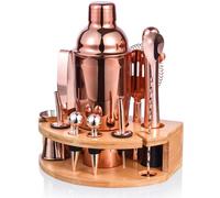 Ensemble de 12 pièces pour cocktails Unyqoos® – Shaker de 750 ml, en acier inoxydable SS304, support en bambou semi-circulaire, compatible lave-vaisselle