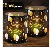 Ensemble de 12 supports de bougie d'anniversaire joyeux, décoration de table festive noire et dorée, abat-jours en plastique lumineux pour bougie chauffe-plat pour décoration de fête d'anniversaire, s