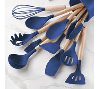 Ensemble de 12 ustensiles de cuisine antiadhésifs en silicone et bois, comprenant une écumoire, une cuillère à passoire, une louche et des outils de cuisine Taille UniqueSilicone