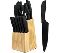 Ensemble de 14 couteaux de cuisine avec bloc en bois, revêtement antiadhésif, comprenant des couteaux à steak et un aiguiseur