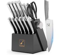 Ensemble de 14 couteaux de cuisine Unyqoos® – Couteaux de qualité professionnelle noirs, présentés dans un bloc en bois massif, en acier inoxydable japonais, avec un angle de coupe de 18° affûté à la