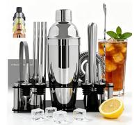 Ensemble de 14 pièces pour cocktail avec support noir, ensemble d'outils de bar pour mélanger les boissons, accessoires de bar : shaker de 750 ml, doseur, pilon, recettes de cocktail (argent)