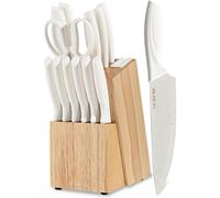 Ensemble de 15 couteaux de cuisine avec bloc, compatible lave-vaisselle, affûteur intégré, couleur blanche