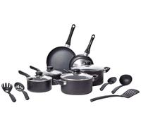 Ensemble de 15 pièces de batterie de cuisine antiadhésive en céramique Amazon Basics, comprenant des casseroles et des poêles avec couvercles et ustensiles, avec fond en spirale, poignées ergonomiques