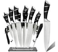 Ensemble de 16 couteaux de cuisine avec bloc à couteaux, comprenant : un couteau Santoku, un couteau de chef, un couteau à pain, des couteaux à steak, un économe, des ciseaux de cuisine, un taille-cra