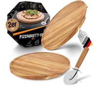 Ensemble de 2 assiettes à pizza, rondes, de 35 cm, en bois d'acacia , avec un coupe-pizza