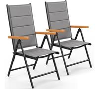 Ensemble de 2 chaises de jardin inclinables, avec dossier haut, en aluminium, pour balcon. Repose-bras en WPC, dossier et assise matelassés, réglables en 7 positions, supportant jusqu'à 120 kg. Chaise