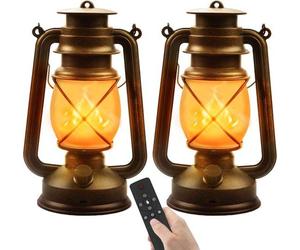 Ensemble de 2 lanternes LED vintage Unyqoos®, finition bronze antique, 4 modes d'intensité variable et effet flamme, télécommande, rechargeable par USB-C (1200 mAh, jusqu'à 30 heures d'autonomie), ind