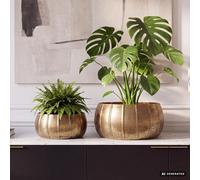 Ensemble de 2 pots de fleurs en métal doré, idéal pour la décoration intérieure. Ces pots en aluminium, de forme ronde, sont faits à la main et présentent un design élégant. L'ensemble est composé de 