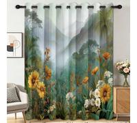 Ensemble de 2 rideaux avec œillets - Motifs floraux, style aquarelle, ambiance jungle brumeuse