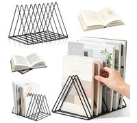 Ensemble de 2 serre-livres noirs en métal - Triangulaires - Récipient de rangement pour magazines à 9 compartiments - Surface polie - Organisateur de bureau multifonctionnel