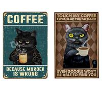 Ensemble de 2 tableaux en métal émaillé représentant un chat noir et un motif café