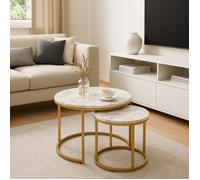Ensemble de 2 tables basses / tables PAOLA - plateau effet marbre et structure dorée