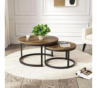 Ensemble de 2 tables d'appoint rondes, table basse en bois avec cadre métallique, ensemble de tables basses modernes pour salon ou chambre, couleur marron