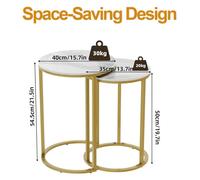 Ensemble de 2 tables d'appoint rondes - Table basse/table gigogne - Plateau en pierre synthétique - Structure en métal doré - Dimensions : 40x54,5 cm et 35x50 cm - Capacité de charge : 30 kg - Blanc/d