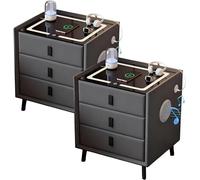Ensemble de 2 tables de chevet intelligentes, gris foncé, 3 tiroirs, éclairage LED dimmable, haut-parleur Bluetooth, charge sans fil, port USB-C, table de chevet pour chambre