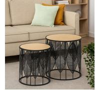 Ensemble de 2 tables FOLLA - tables basses rondes - plateau naturel, structure noire
