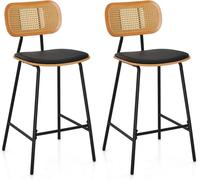 Ensemble de 2 tabourets de bar, avec dossier en rotin et assise rembourrée, repose-pieds intégré, capacité jusqu'à 140 kg, portables, idéaux pour la cuisine, le salon ou un café