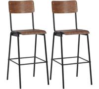 Ensemble de 2 tabourets de bar, couleur marron, en contreplaqué massif avec structure en acier. Hauts tabourets pour cuisine, bar, comptoir, restauration, avec repose-pieds et dossier. Empilables. Dim