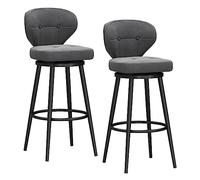 Ensemble de 2 tabourets de Bar Modernes en Velours, Hauteur comptoir, Dossier mi-Haut, piètement en métal, Gris et Noir, pour îlot de Cuisine.
