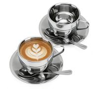 Ensemble de 2 tasses à café, à double paroi, en acier inoxydable, capacité de 200 ml, avec cuillère et soucoupe