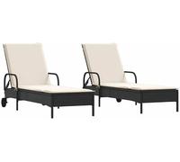 Ensemble de 2 transats avec coussins, couleur noire, en résine tressée. Transats de jardin avec roulettes et dossier réglable, idéaux pour la détente sur terrasse, balcon ou dans le jardin