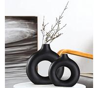 Ensemble de 2 vases en céramique, modernes, noirs, ronds, design rustique pour la maison, design en forme de donut en céramique, convient pour le salon, la cuisine, la cheminée, la chambre à coucher