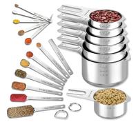 Ensemble de 20 pièces comprenant un verre doseur et des cuillères, en acier inoxydable, empilables, avec un niveau intégré et des marquages gravés