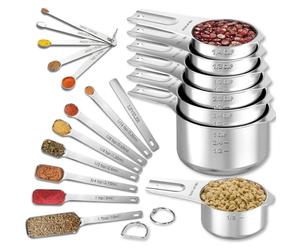 Ensemble de 20 pièces comprenant un verre doseur et des cuillères, en acier inoxydable, empilables, avec un niveau intégré et des marquages gravés