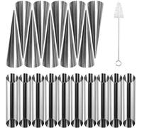 Ensemble de 21 moules en acier inoxydable Ibzoa® pour cannoli et choux à la crème : 10 cônes (12,3 x 3,2 cm), 10 moules tubulaires (12,5 x 8,5 x 2,5 cm), incluant une brosse de nettoyage de 11,8 cm, c