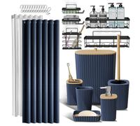 Ensemble de 25 Accessoires de Salle de Bain avec étagère de Douche pour Rangement de Salle de Bain, Ensemble de Rideau de Douche Bleu Marine, Brosse de Toilette, Poubelle, Distributeur de Savon,