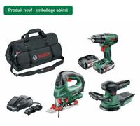 Ensemble de 3 batteries Bosch 18V : perceuse-visseuse à percussion PSR 1800 Li-2, scie sauteuse PST 18, ponceuse excentrique PEX – comprenant 2 batteries de 2,5 Ah