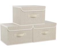 Ensemble de 3 boîtes de rangement pliables en tissu Unyqoos®, en carton et tissu lin, avec couvercle, dimensions : 26×20×17 / 33×23×20 / 38×25×25 cm, couleur : gris/beige