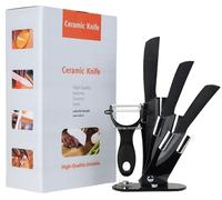 Ensemble de 3 couteaux en céramique + économe + bloc à couteaux, couleur noire