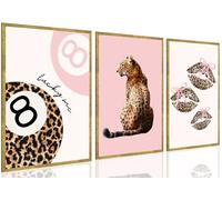 Ensemble de 3 impressions sur toile sans cadre Léopard Rose Coquette Tableau Léopard Images Murales Décoration Lucky 8 Ball Kiss Lips Affiche Tendance Peinture Animale Fun pour Chambre Fille