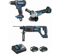 Ensemble de 3 machines 18 V Li-Ion 4 Ah MAKITA Perceuse DDF482 + Meuleuse DGA504 + Perfo DHR241- 2 batteries, chargeur, coffret - DLX3078MJ