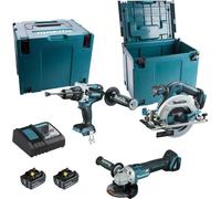 Ensemble de 3 machines 18 V LXT - Perceuse DHP481 + Meuleuse DGA506 + Scie DHS680 -MAKITA - 2 batteries 18V 5Ah + chargeur rapide + 2 MACPAK - DLX3095PTJ