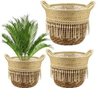 Ensemble de 3 paniers de plantation en algues Unyqoos®, pots de fleurs faits à la main avec des poignées, dimensions 18 x 15 x 12 cm, avec membrane intérieure en plastique, décoration bohème pour inté