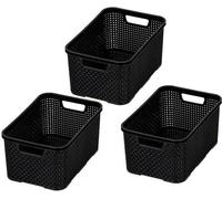 Ensemble de 3 paniers de rangement Unyqoos® – Aspect rotin, taille M, 28,8 x 19,7 x 16,2 cm, 10 litres, polypropylène sans BPA, couleur noire, avec orifices de ventilation