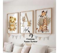Ensemble de 3 pièces d'affiches sur canevas sans cadre personnalisées, art mural avec nom personnalisé, impression d'animaux lion et girafe de la prairie dorée, affiche de feuille dorée pour la décora