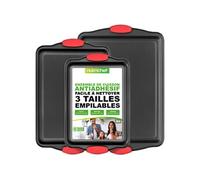 Ensemble de 3 Plaques de Cuisson -Antiadhésif - Noir avec Poignées en Silicone Rouges