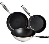 Ensemble de 3 poêles Amazon Basics comprenant une poêle à frire, un ensemble de poêles en acier inoxydable avec revêtement céramique, avec une poêle de 24,0 cm et une poêle de 28,0 cm, ainsi qu'une po