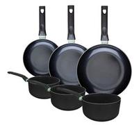 Fackelmann 9430950 Ensemble de 3 poêles de 20 24 et 28 cm et 3 casseroles 16 18 et 20 cm, revêtement céramique antiadhésif sans PFAS, tous feux, induction, four, Aluminium, Noir, Vert, 16, 18 et 20 cm