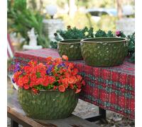 Ensemble de 3 pots de fleurs en céramique émaillée faits main (Ø 38,1/30,5/25,4 cm), motif martelé, terre cuite respirante avec trous de drainage, vert