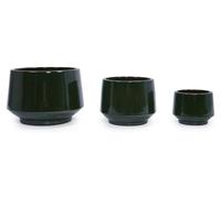 Ensemble de 3 pots de fleurs en céramique faits à la main, de différentes tailles (Ø 38,1 cm, 28 cm, 22,9 cm), avec une finition émaillée vert foncé, sans motifs, idéal pour les rebords de fenêtres